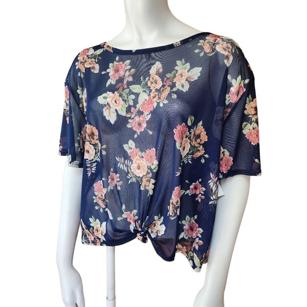 Urban Republic Blue, Pink, & Green Floral Sheer Short Sleeve Blouse (M)